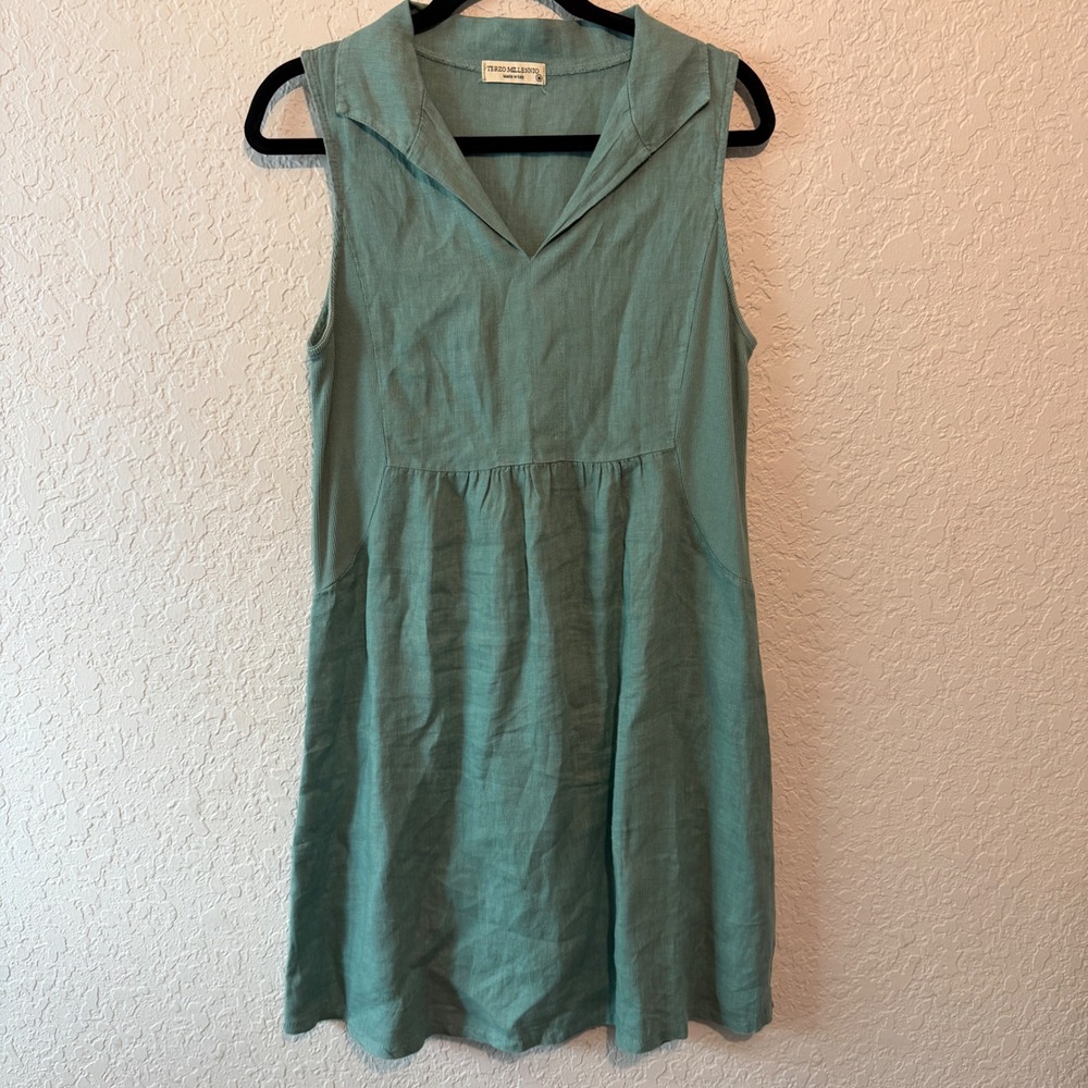 Terzo Millennio Linen Sleeveless Tunic Dress Medium Sage Green Coastal Boho